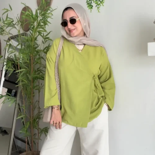 biege linen pant and side tie blousefor women Side Tie Blouse