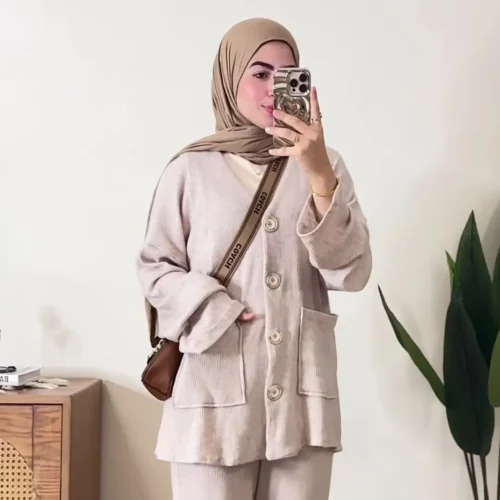 beige ribbed knit women suit mirror selfie 3 modest wear cozy ribbed knit suit