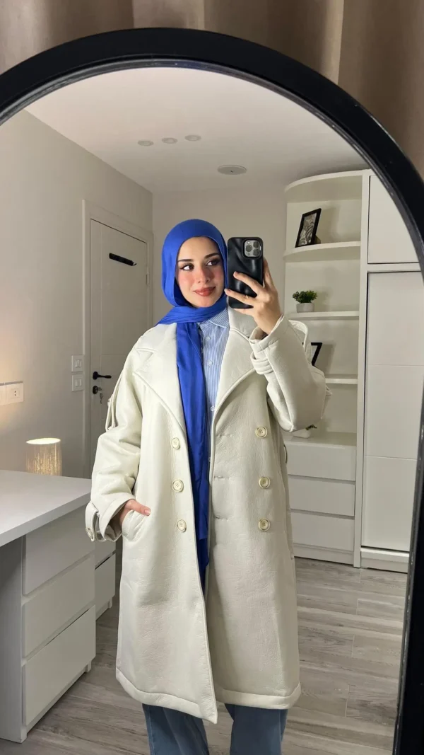 premuim light beige coat mirror selfie premium leather coat